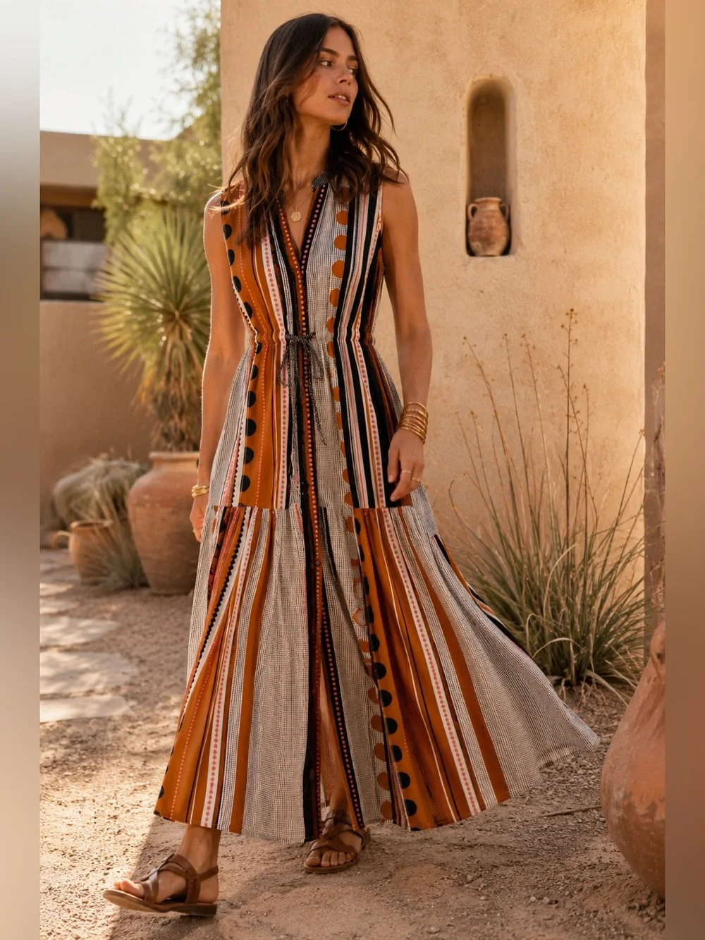 Maeve Anthropologie Alondra Maxi Dress 2P Boho Stripe Tiered Pockets Petite NWOT - Picture 3 of 16